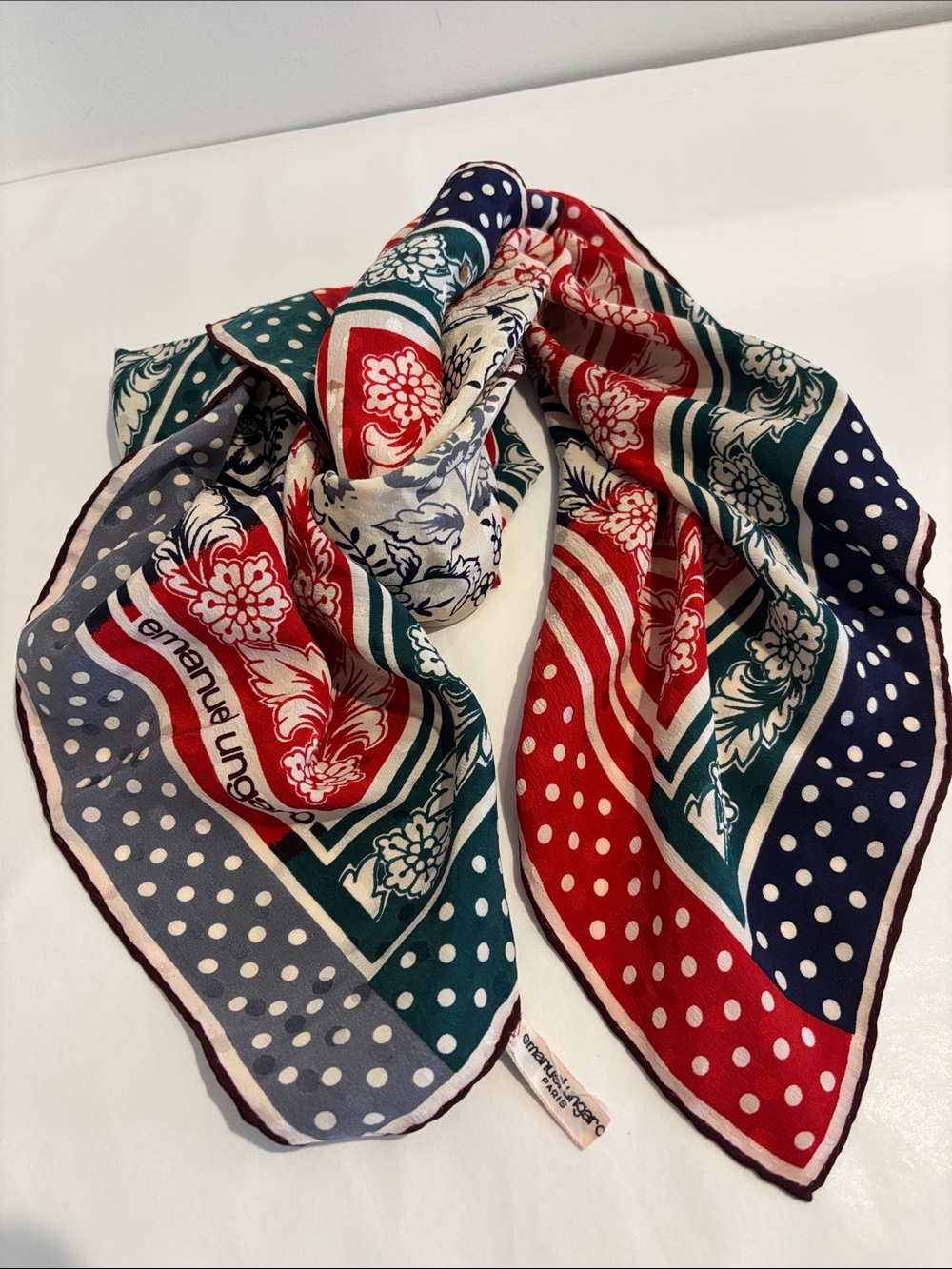 Vintage Emanuel Ungaro 100% silk scarf Red Navy green Polka Dot & Floral